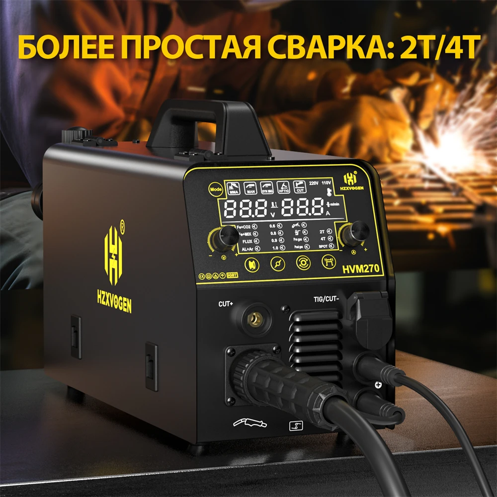 HZXVOGEN 270A 6 in 1 Aluminum Welding Machine CUT/MIG GAS GASLEE/MMA/HF TIG Digital Screen 2T 4T Spot Welding Inverter Welder