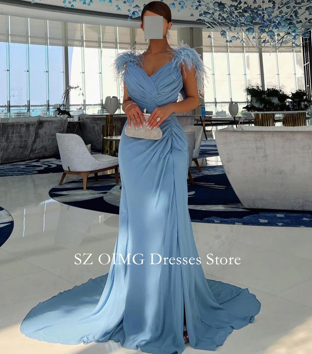 

OIMG Dubai Mordern Feathers Prom Dresses Short Sleeves Chiffon Pleated Evening Dress Women Evening Gowns Formal Slit Party Dress