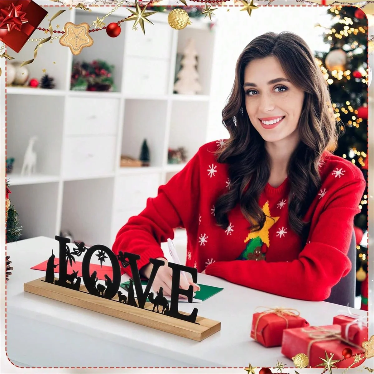 1 قطعة الحلي المعدنية لزينة عيد الميلاد مشهد المهد المعدني الأسود مع قاعدة خشبية للمنزل مكتب الرف ديكور للطاولات #5