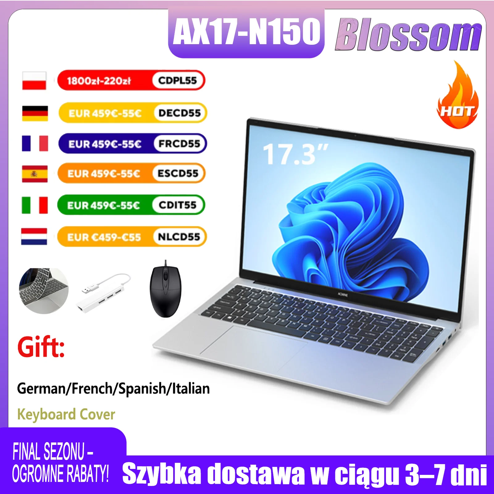Laptop Blossom AX17-N150 z Windows 11 Pro - 17,3" 1080P Ultra Cienki, Intel Atom A3950, 12GB/16GB RAM, 512GB/1TB SSD - Notebook do Biura
