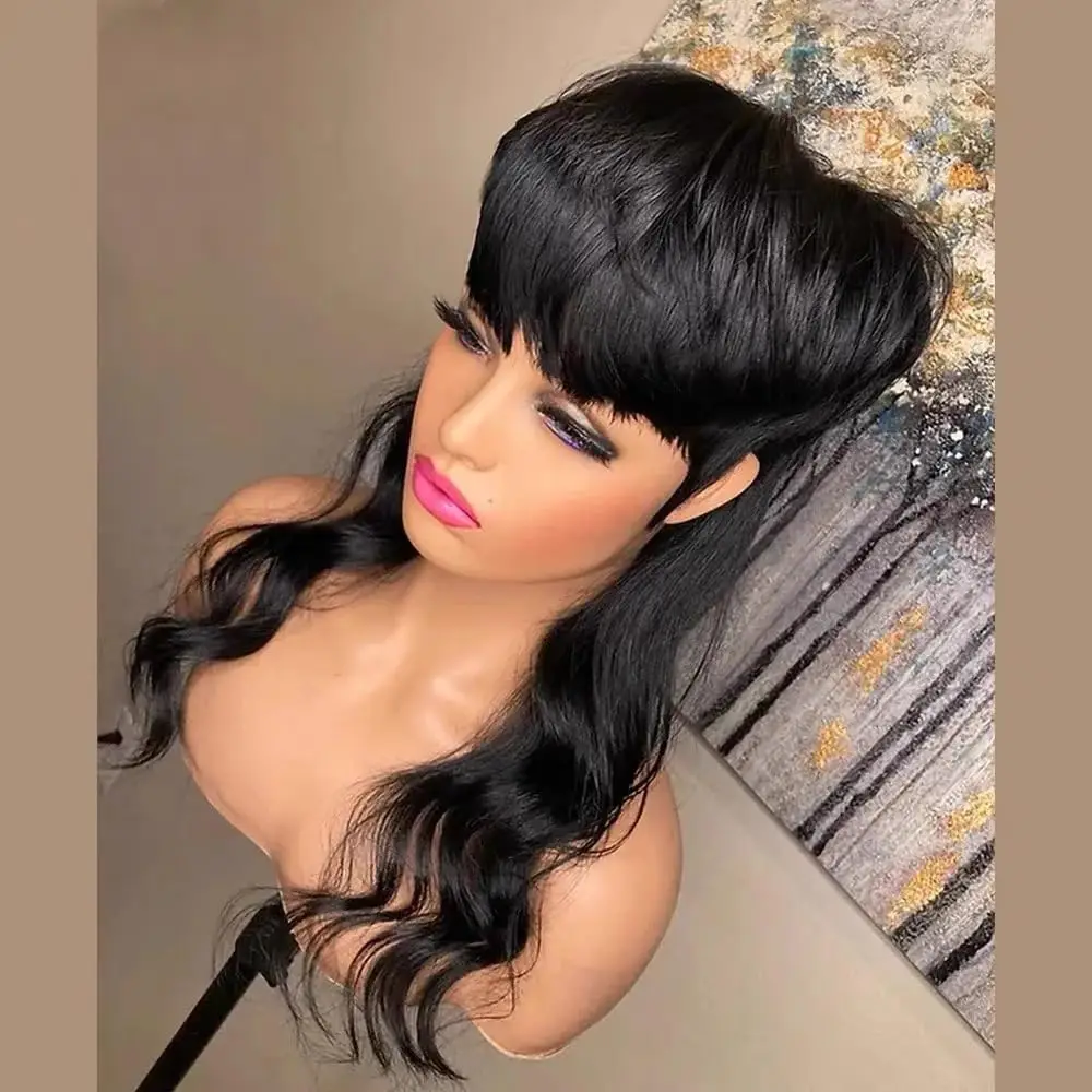 

Full Machine Made Wig With Bangs Mullet Swallow Body Wave Brazilian Human Hair Wigs For Women Short Pixie Cut Wigs YARRA