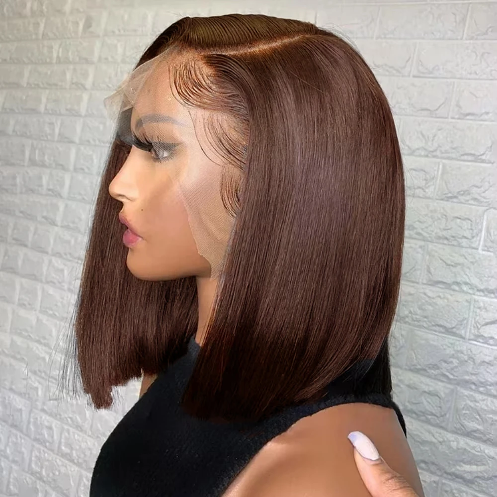 

#4 Colored Short Bob Double Drawn Straight 13x4 Lace Frontal Bob Wig 100% Human Hair Chocolate Brown Lace Front For Black Women