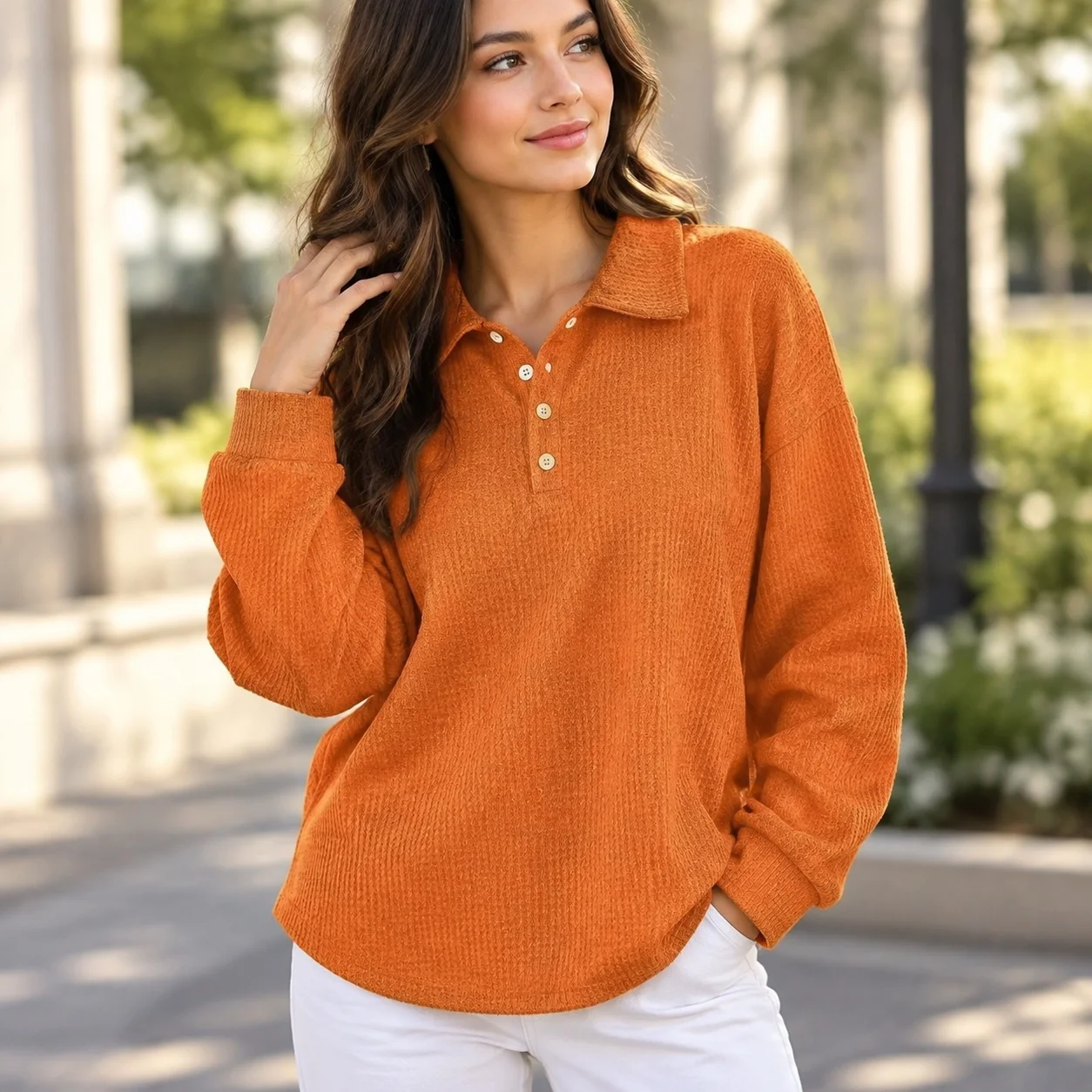 Long Sleeve Crew Neck Top with Button Closure Regular Fit Mid Length Plaid Pattern Women T Shirt Casual Japanese Korean Autumn