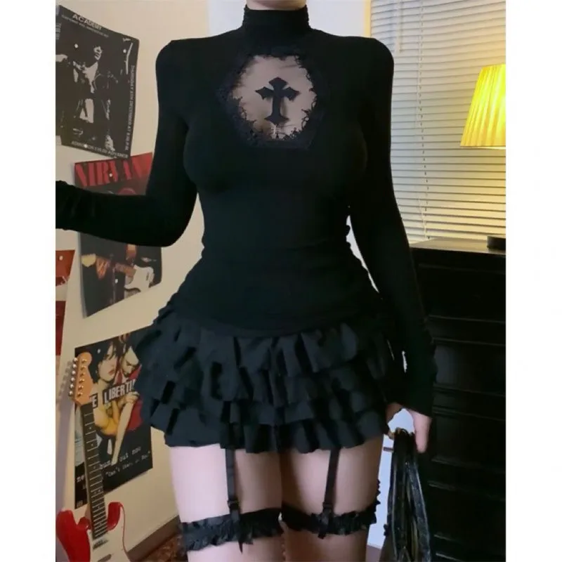 Camisetas góticas de cuello alto con Cruz oscura para mujer, jerséis ajustados informales negros de manga larga, Tops transparentes Harajuku Y2K