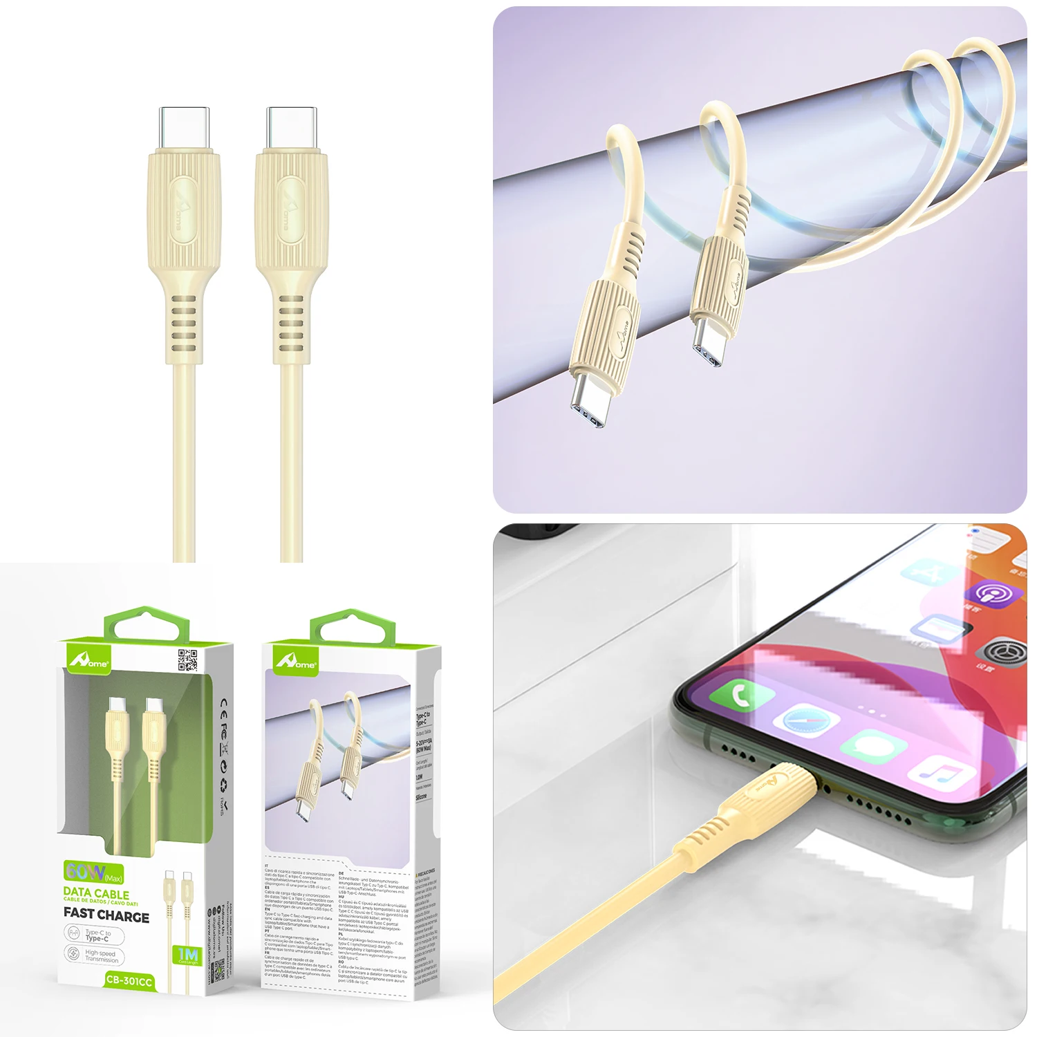 USB-C naar USB-C kabel 60W max. 1 meter |     Gegevens laden en overbrengen |     Silicone