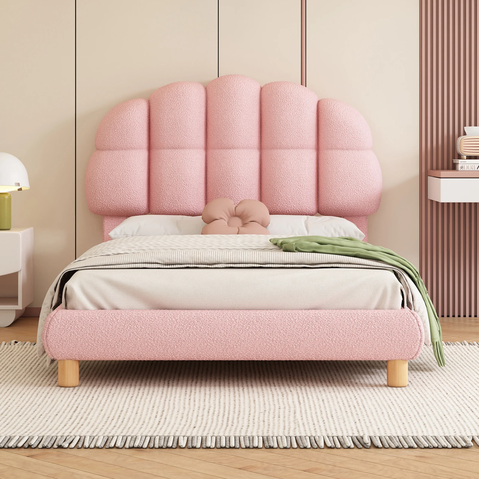 Anajqaqia 90x200cm Single Bed, Upholstered Bed with Adjustable Headboard and Slatted Frame, Lambswool Fabric, Pink Color