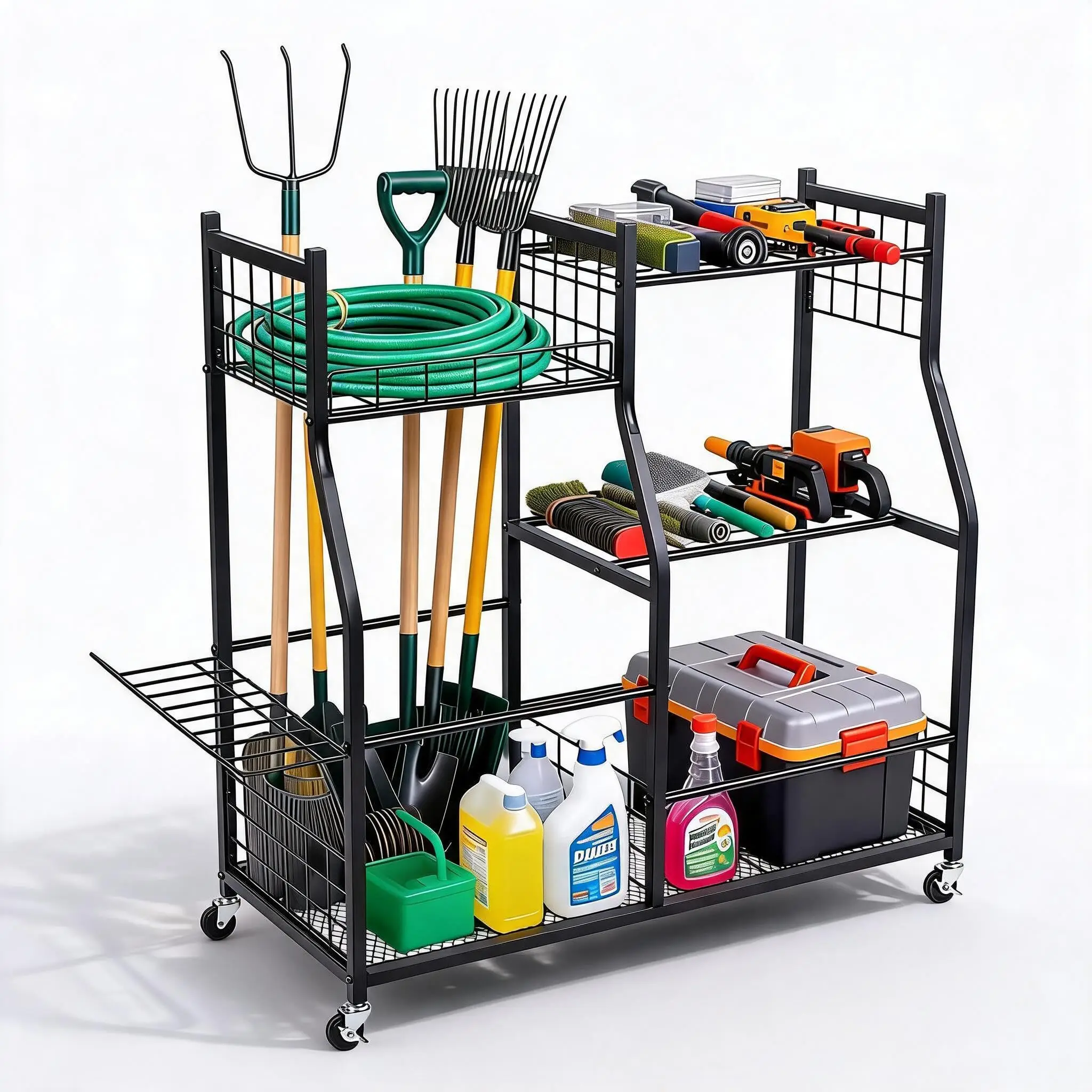 Rolbare opbergwagen voor tuingereedschap, 3-laags heavy-duty metalen garage-organizer met 360° draaifunctie ° Zwenkwielen & brede sleuven voor lange handgrepen met D-greep. Mobiel rek met zijhaken
