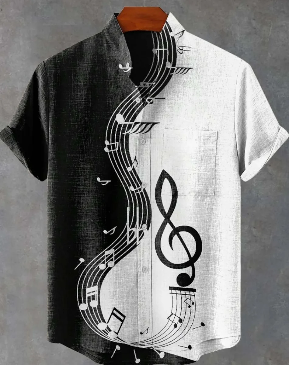 뉴 하와이 남성 여름 캐주얼 리넨 빈티지 셔츠 음악 프린트 반소매 버튼 탑 루즈 대형 반소매 셔츠 Fas