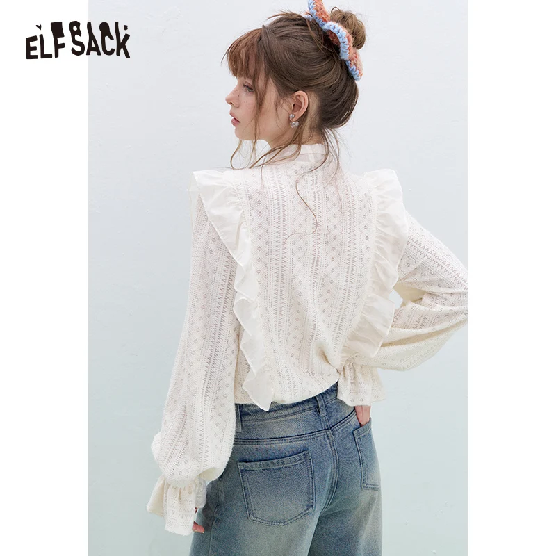 ELFSACK 2025 Spring New Arrivals French bow tie white lace blouse for women Korean sweet Flare Sleeve top