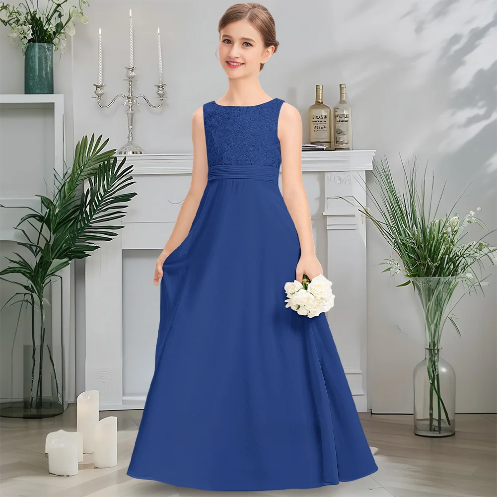 Платье трапециевидной формы для юных подружек невесты с круглым вырезом длиной до пола, шифоновое кружевное детское платье для причастия, изящное платье с цветочным узором для девочек, свадебное платье