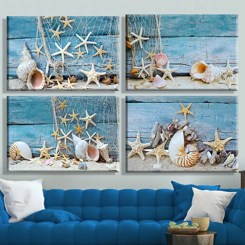 Beach Canvas Painting Wall Art Starfish Sea Shell on Blue Board Posters Prints Coastal Nautical Artwork for Home Kitchen Decor