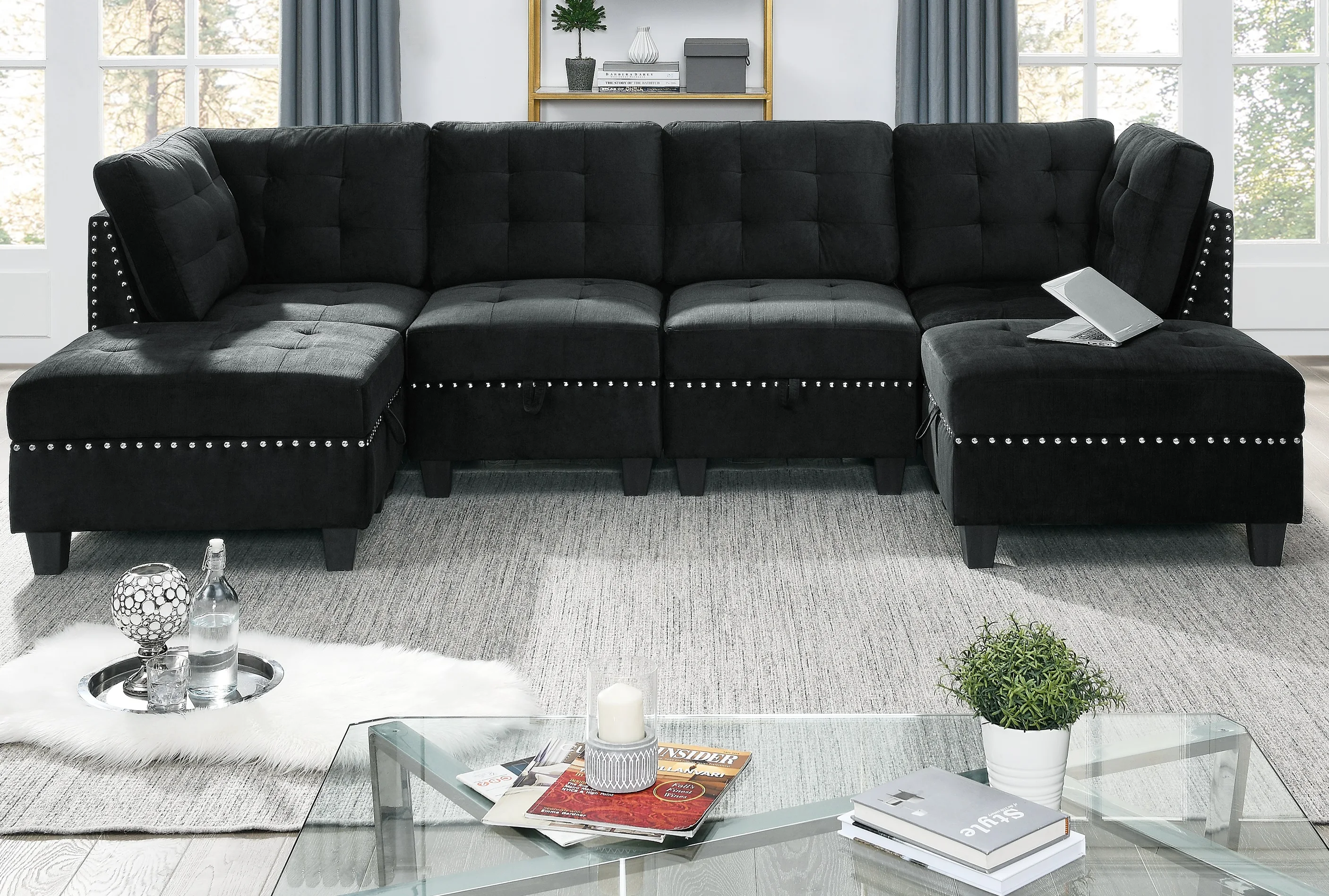 L shape Modular Sectional Sofa,DIY Combination，Black Velvet