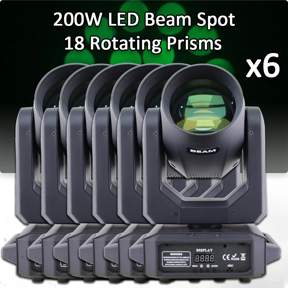 

6Pcs 200W LED Moving Head Beam Spot LED BSW 3in1 Moving Head Light 18 Prisms Dj Wedding Party Disco Dance Christmas Lamp