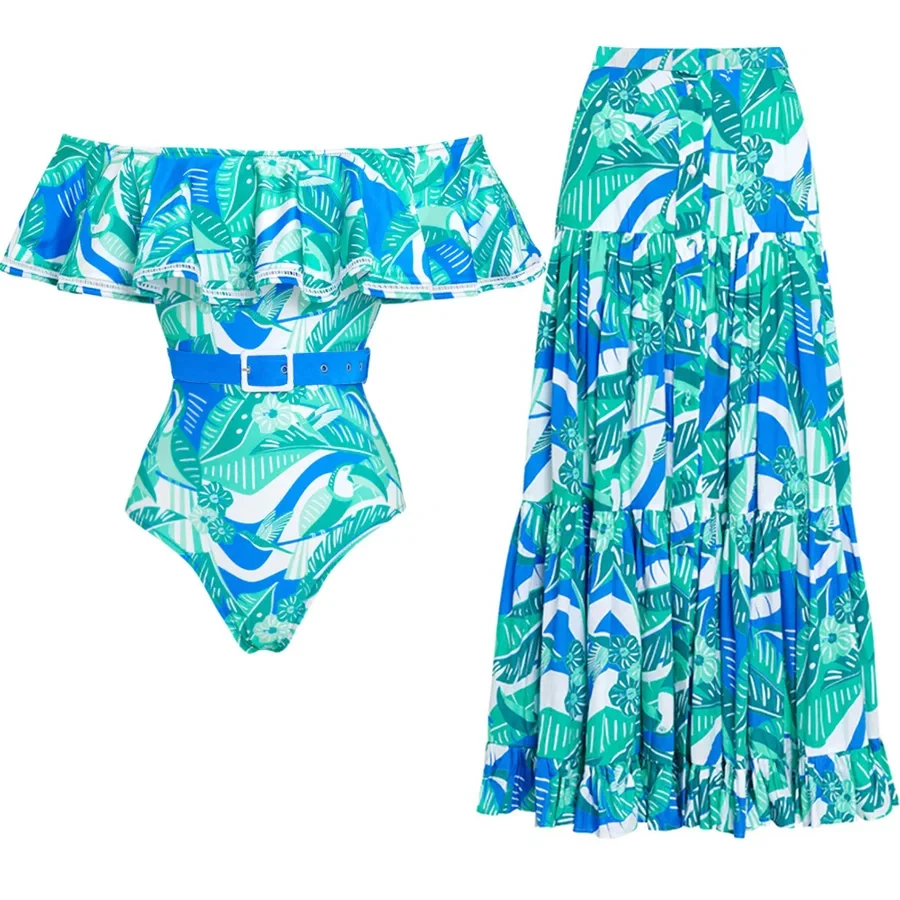 

Women Swimwear Off Shoulder Ruffled Tropical Print One Piece Swimsuit and Skirt Beachwear bikini Two piece Bathing Suit