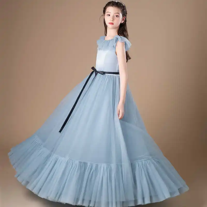 Robe de princesse en tulle pour filles, longueur au sol, sans manches, col rond, élégante et simple, 2006