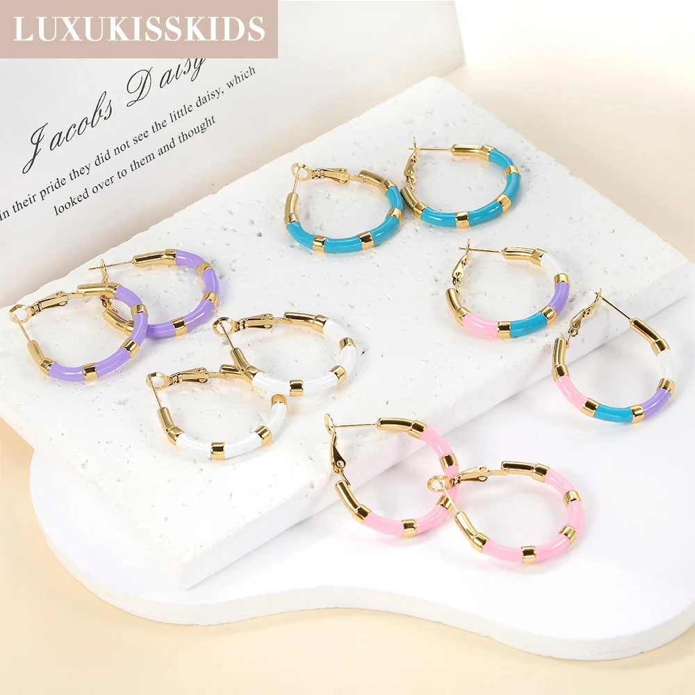 LUXUKISSKIDS Elegant aros Colourful Oval Stainless Steel Hoop Earrings for Women 2024 Trend Pink/Blue Gold Plated Party Jewelry