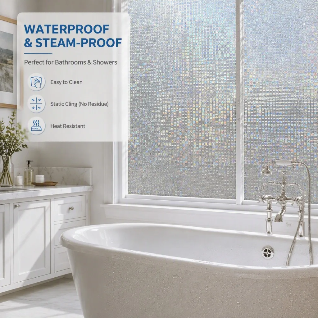 Laser Mosaic Rainbow Holographic Privacy Window Film Translucent Static Cling No Glue Removable for Home Office Bathroom Glass
