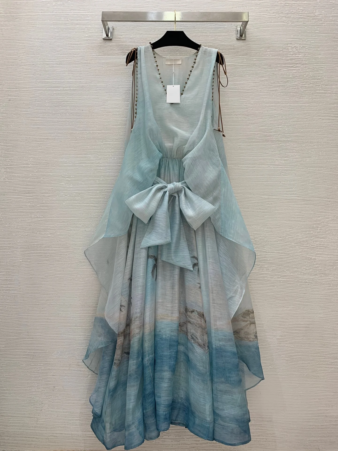 

2026 Women Dress Beach Scene Print Sundress Sleeveless V Neck Bow Waist Tiered Flowy Summer Vacation Dress