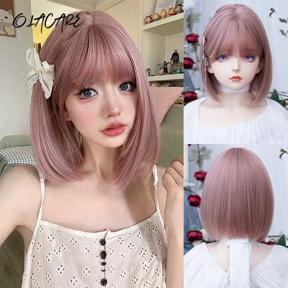 

Короткие светлые фиолетовые синтетические парики из натуральных волос для женщин, прямой парик Боб с челкой, высокотемпературные повседневные парики для косплея