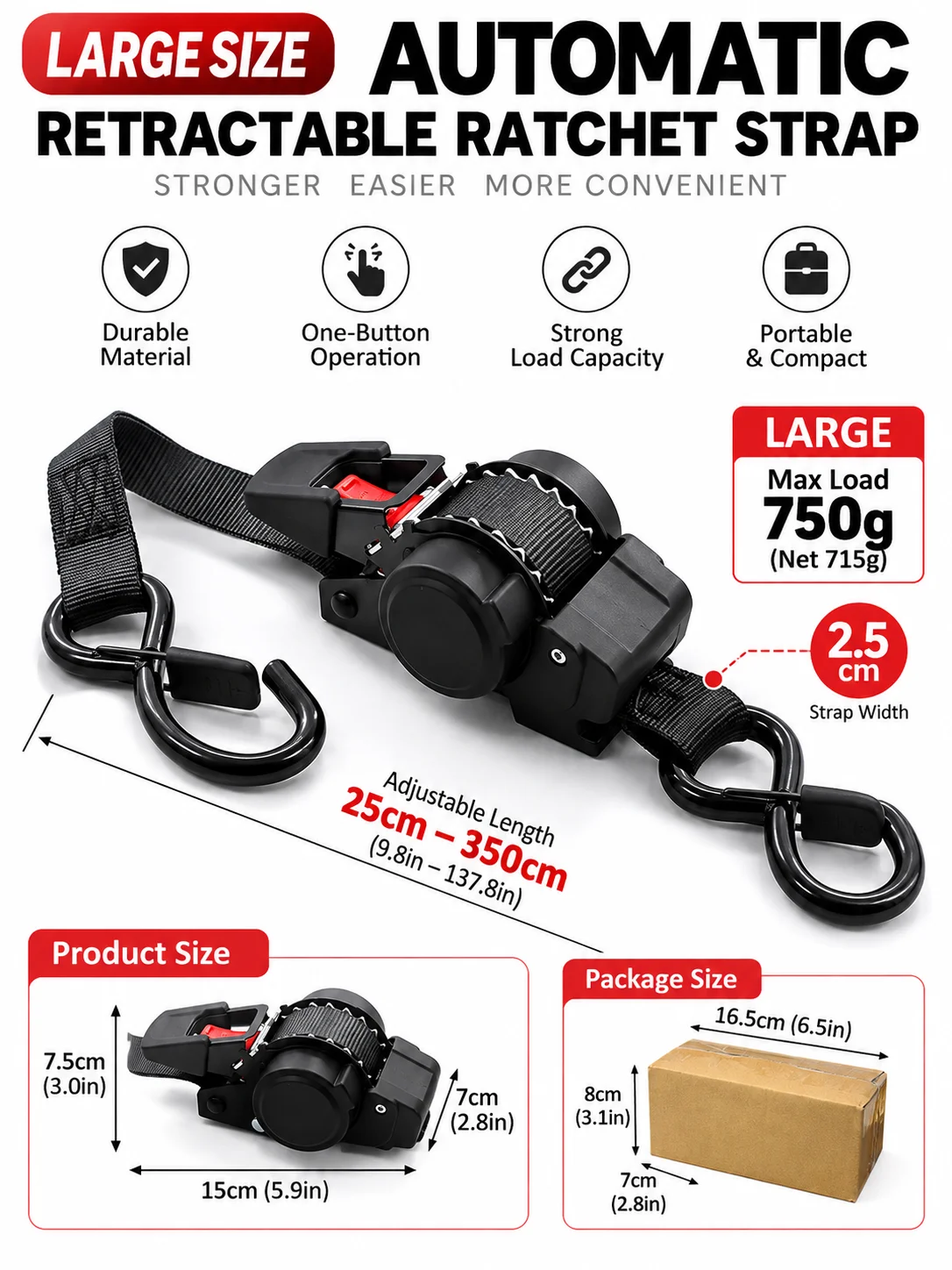 Retractable Ratchet Tie Down Strap, 25mm X 3.5m Automatic Rewind Polyester Cargo Strap with Double Hooks for Motorcycle, Boat an