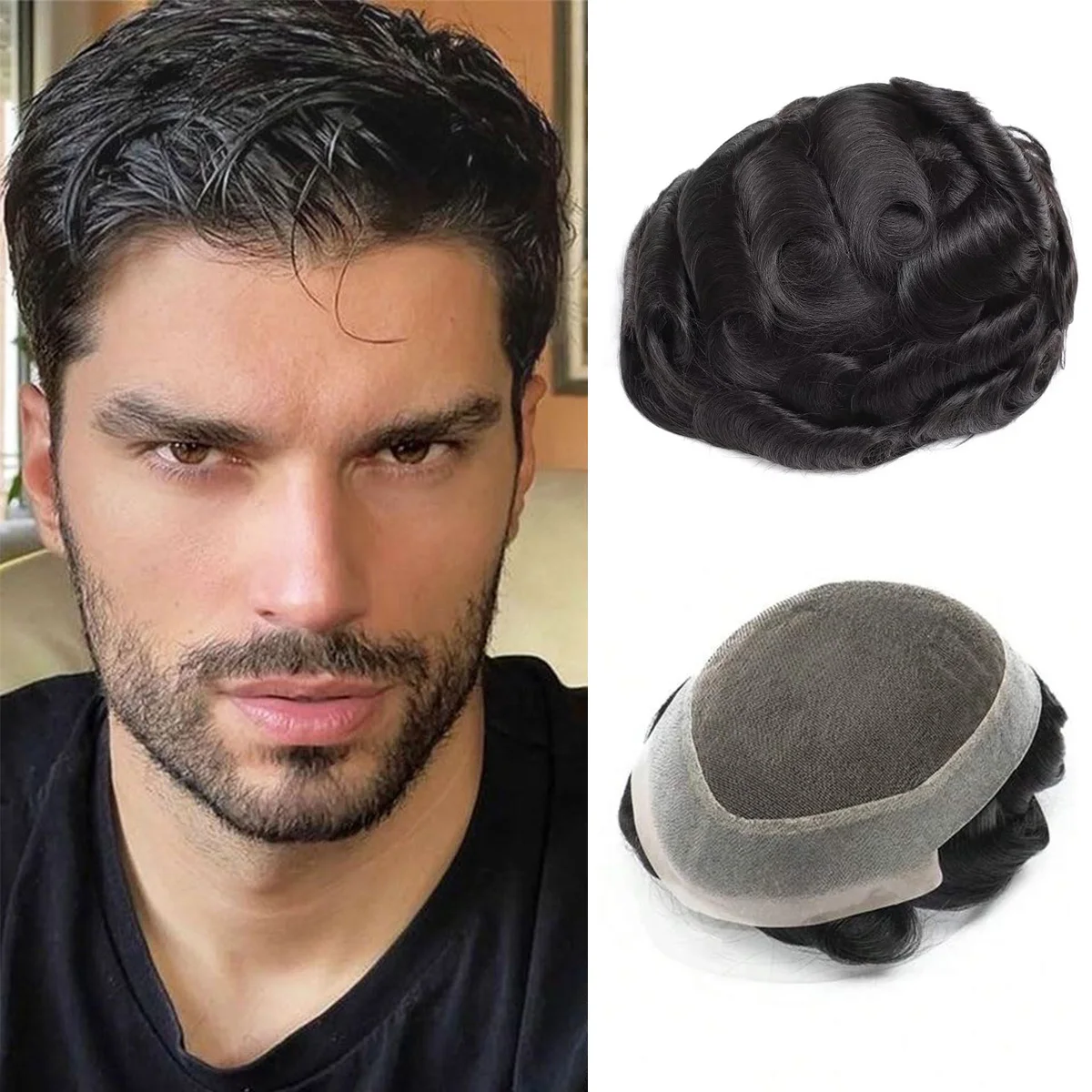 ทูพีผมแท้สำหรับผู้ชาย แบบลูกไม้ฝรั่งเศสตรงกลาง ผิวโพลีรอบด้าน สำหรับเปลี่ยนผม ระบายอากาศได้ดี ทนทาน