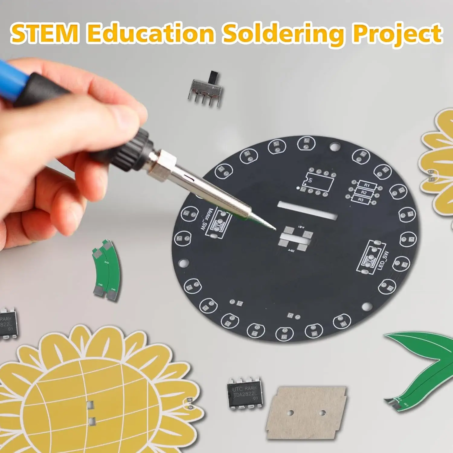 Light Chasing Sunflower Soldering Practice Kit DIY Rotating Sunflower Electronics Kit for Teens Adults School Science Class