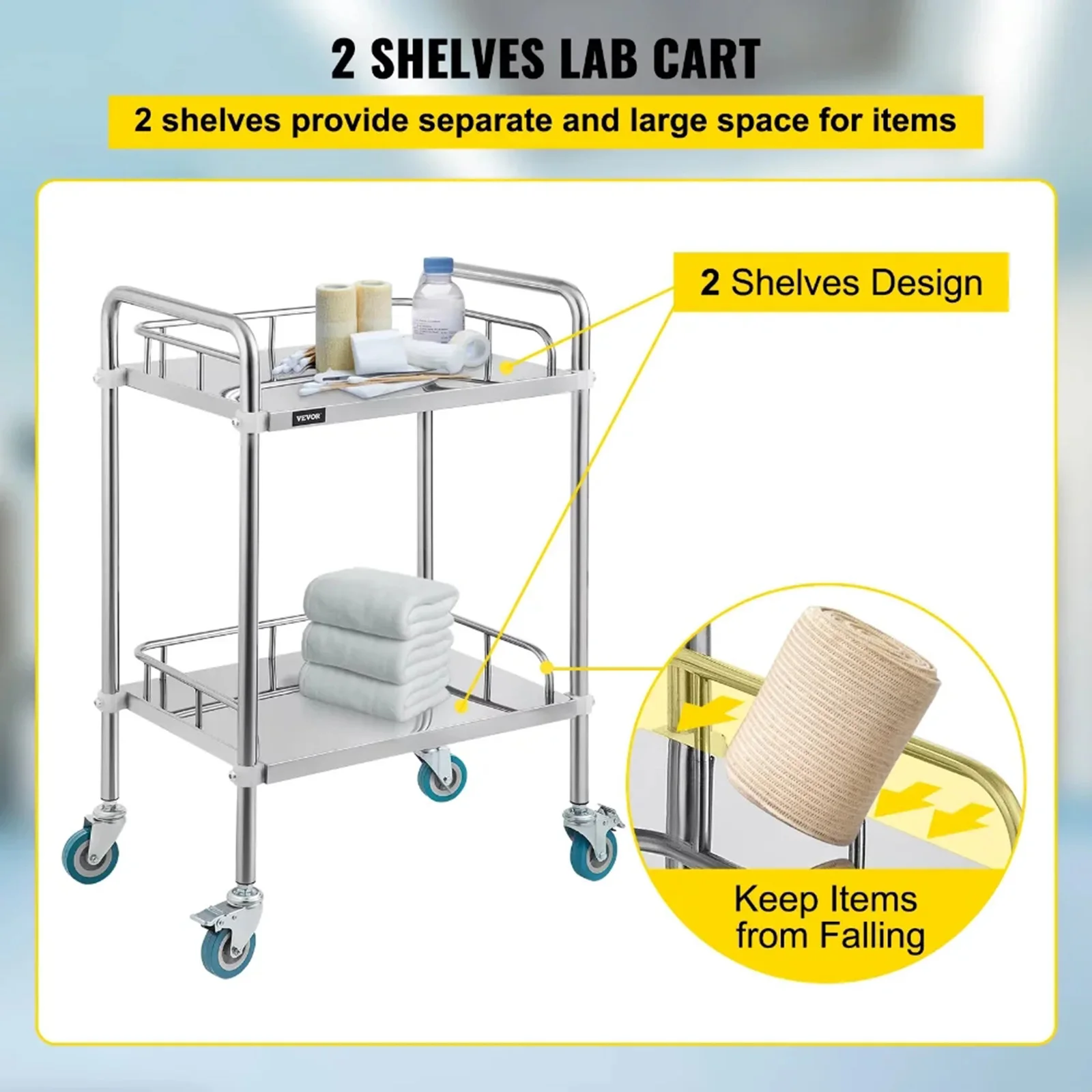 2 Shelf Salon Trolley Utility Cart with Wheels Stainless Steel Lab Serving Cart for Fixing Lab Equipment Kitchen Home