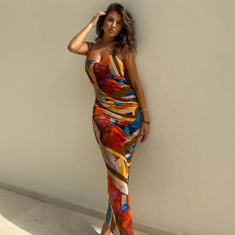 Tie Dye Print Ribbed Midi Dress For Women 2024 Summer Outfits Bodycon Side Slit Y2K Outfits Sexy Streetwear Long Dress — zdjęcie 2