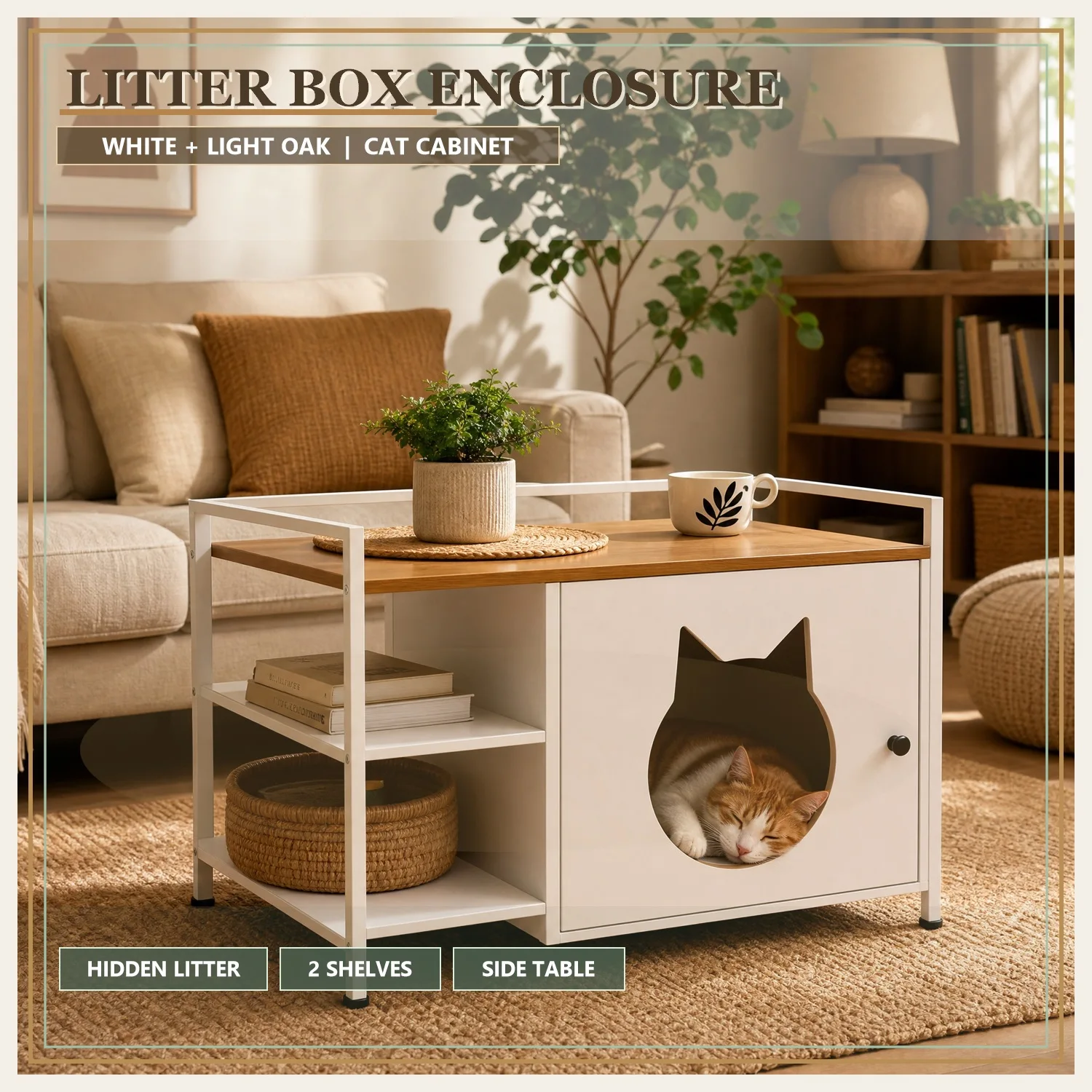 Meuble Cache Litiere Chat Blanc Chene Clair, Armoire Litiere avec Entree Tete de Chat, 2 Etageres Rangement, Maison Chat Table d Appoint pour Salon Chambre Appartement Organisateur Animal Maison Petite Chambre Chat