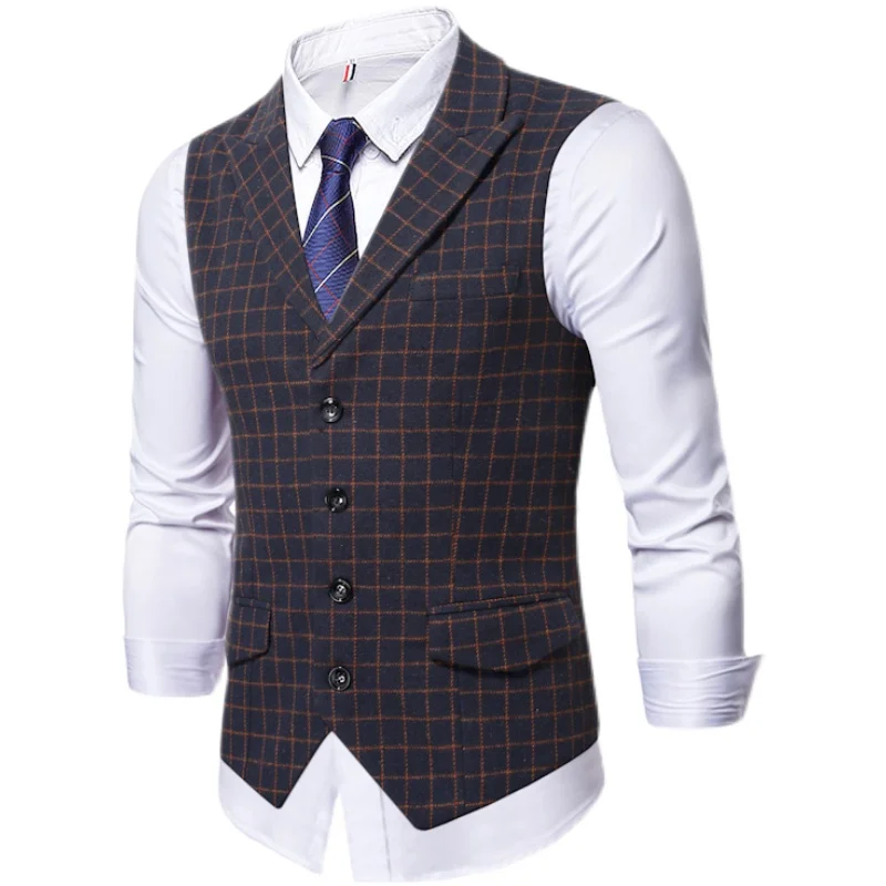 New Men\'s Plaid Suit Vest Business Casual Wedding Waistcoat Slim Fit Sleeveless Offcie Single Breasted Suit Vests Man