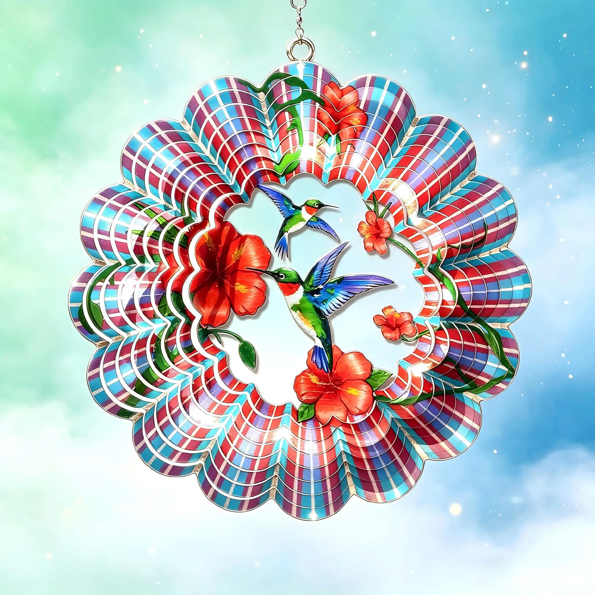 THEYUFA Hummingbird Wind Spinner 12in/30cm 3D Kinetic Stainless Steel Hanging Ornament Garden Patio Christmas Decor Gift