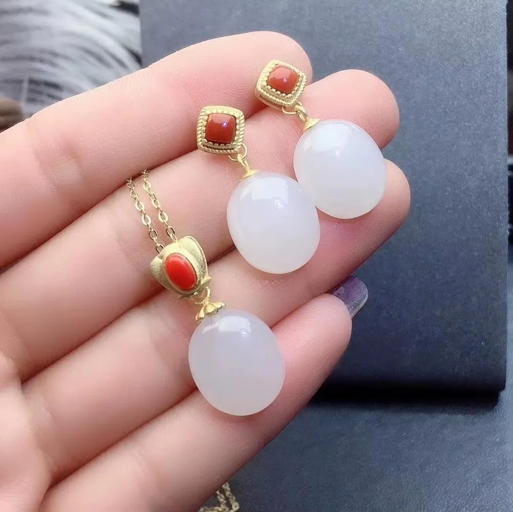 Jewelry Girl Natural Red Coral White Jade Gemstone Necklace Pendant Earring Set 925 Pure Silver Electroplated Gold Party Gift