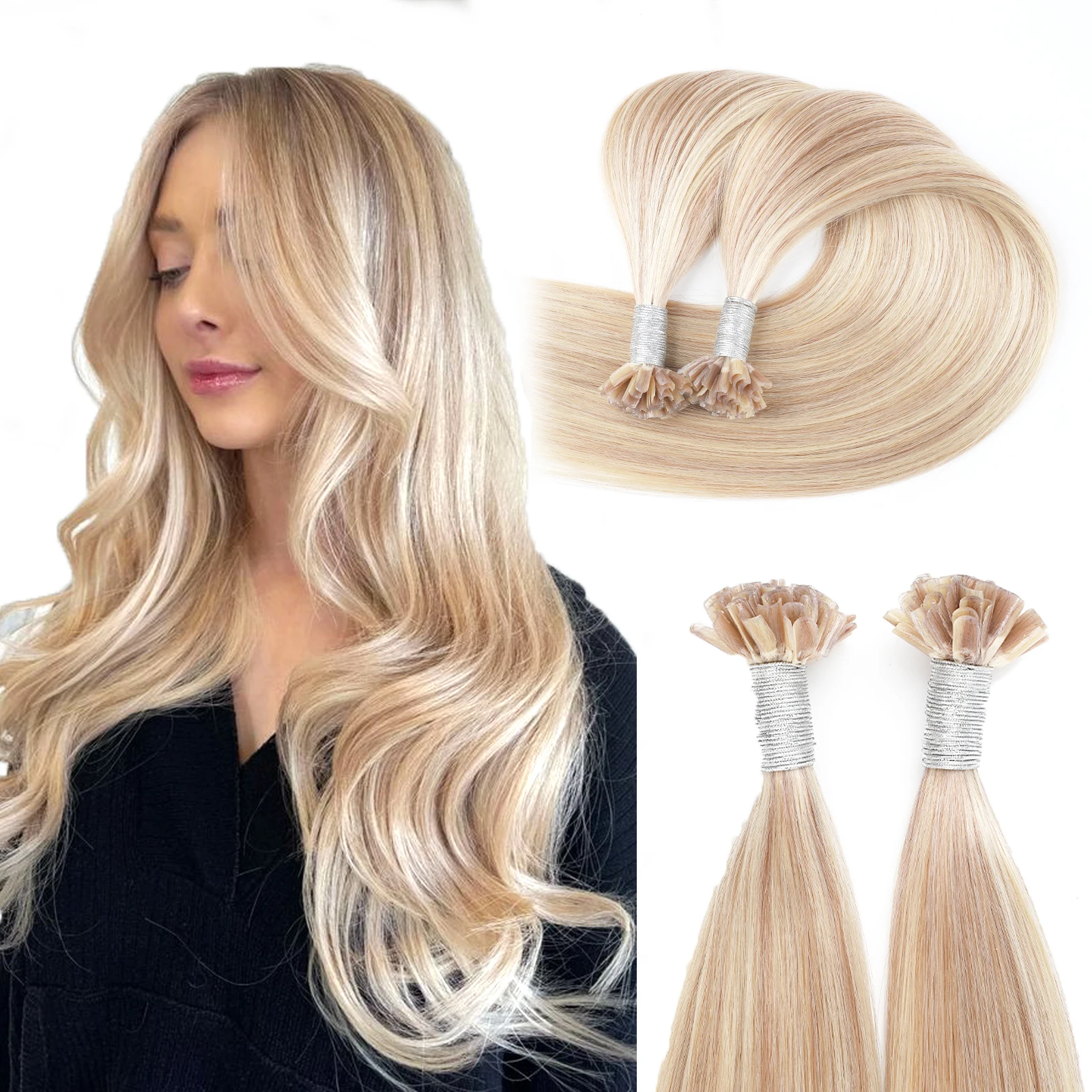 

Sixstarhair U Tip Hair Extensions 50G 50Strands 16' Dirty Blonde With Bleach Blonde U Tip Real Human Hair Extensions For Women