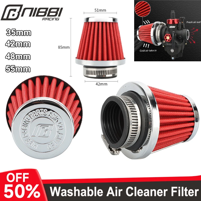 NIBBI Motorcycle High Flow Air Filter Universal Carburetor 35/42/48/55mm Air Filter Intake Pipe Cleaner Yamaha Honda Moped Car