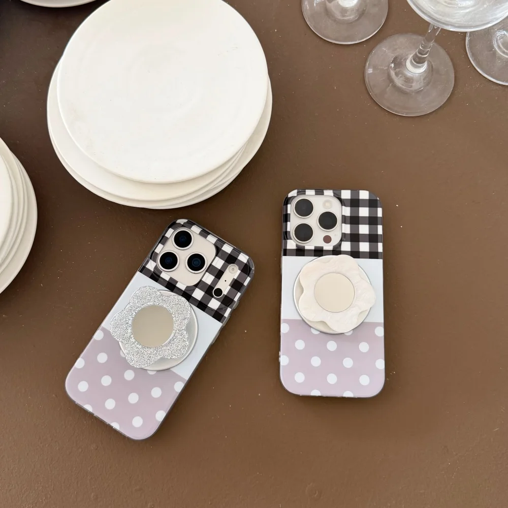 

Simple polka dot stitching plaid flower for magsafe holder phone case for iPhone 17 16ProMax 14 15 Pro fundas Korean INS fashion