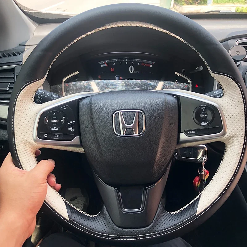Pokrowiec na kierownicę Honda Civic 10 generacji 2016 2017 2018 2019, szyty ręcznie, czarno-biały, skórzany, sportowy styl, akcesoria samochodowe DIY — zdjęcie 2