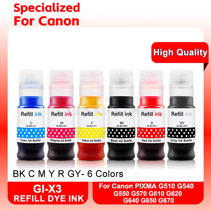 GACINK Tinta Pewarna Isi Ulang GI 13 GI 23 GI 43 GI 53 GI-53 GI 73 GI 83 GI 93 untuk Canon G510 G540 G550 G570 G610 G620 G640 G650 G670