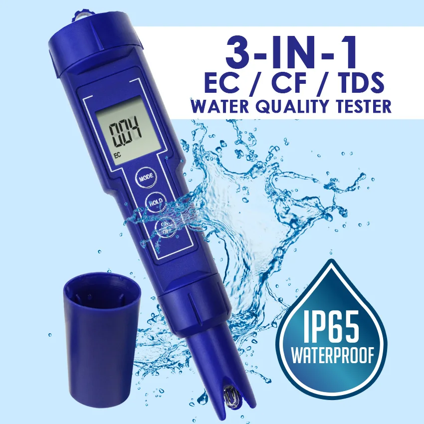 

3-in-1 Digital EC / CF / TDS Meter Combo Water Quality Tester IP65 Waterproof Conductivity with ATC Aquarium, Hydroponic, Lab