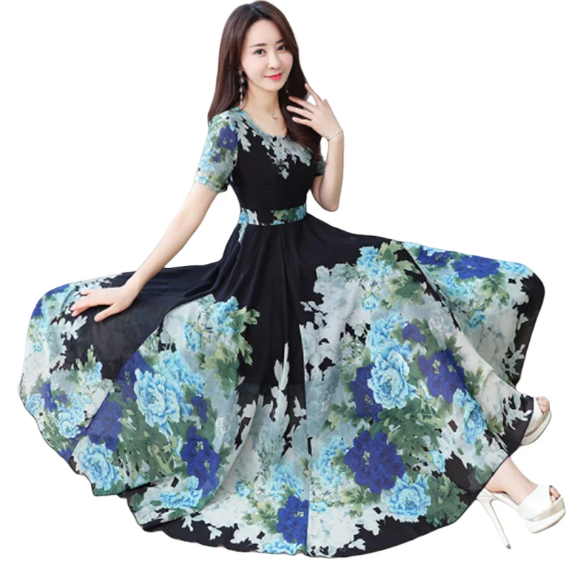 Korean style chiffon dress, short sleeve, printed, long, slim, thin and large swing, beach dress