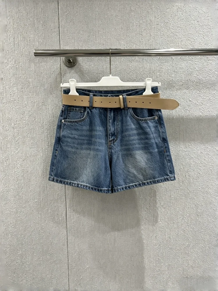 

Summer Women's Denim Shorts Embroidered Print Pocket Waist Belt Casual Short Pants