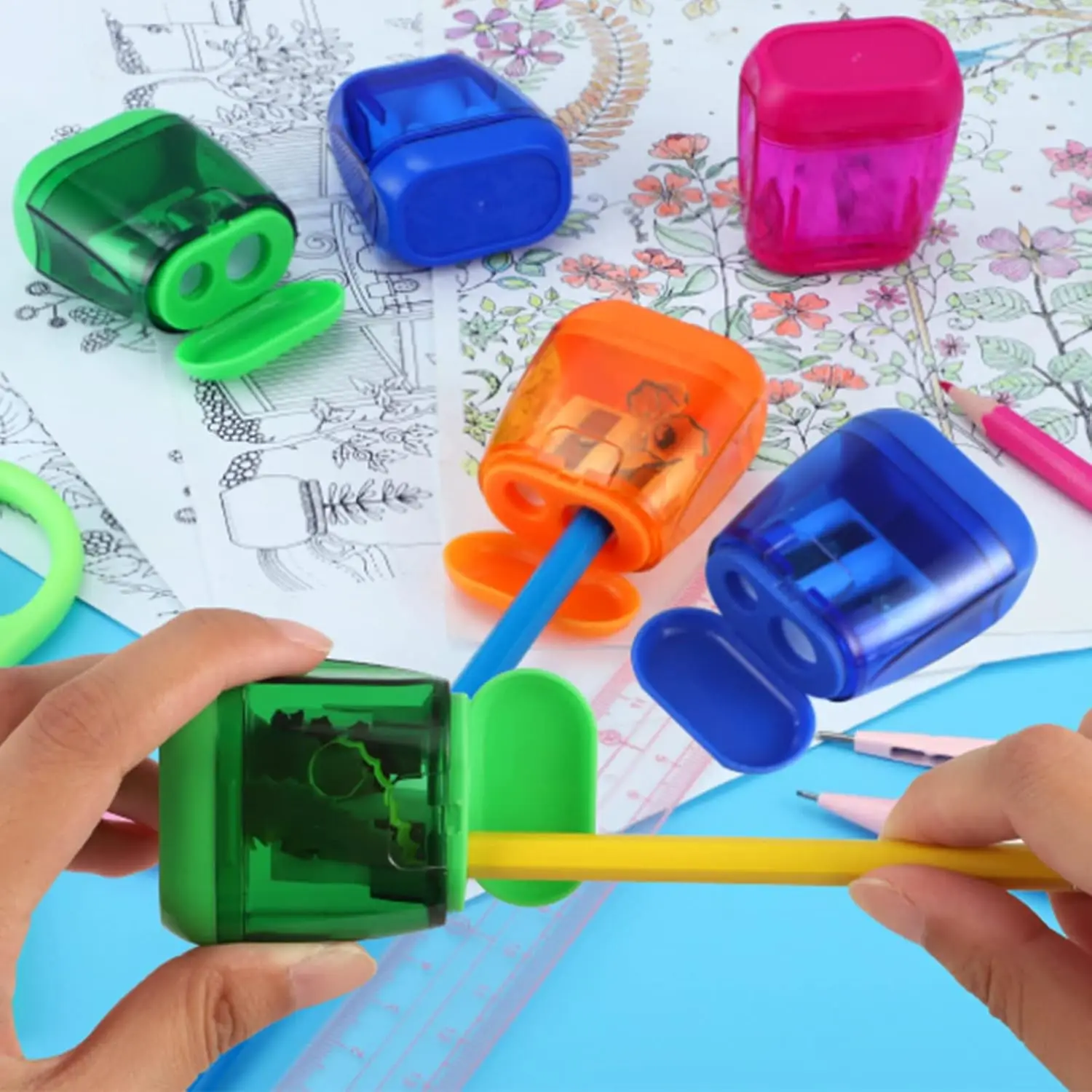 4PCS Dual-Hole Pencil Sharpeners with Lid and Shavings Container, Portable Manual Sharpener Set for Colored Pencils.