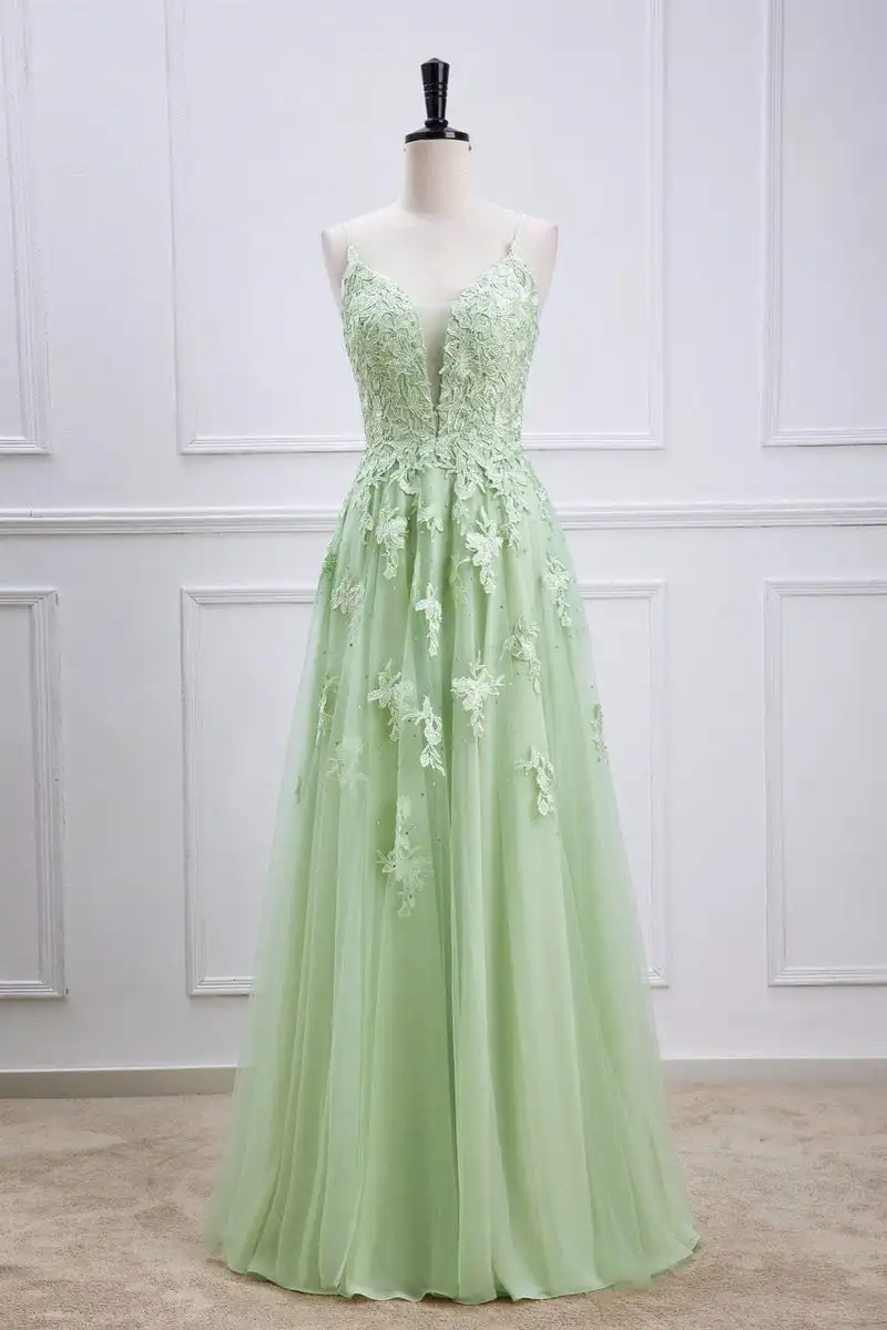 Sage Green V Neck Prom Dresses Tulle Lace Appliques Long A Line Prom Dress Backless Spaghetti Straps Evening Party Ball Gowns