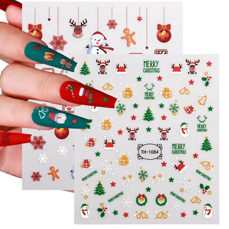 2PC Kerstman Elanden Nail Art Stickers 3D Sneeuwvlok Nieuwjaar CartoonNail Decals Sneeuwpop Kerstboom INS Manicure Sliders