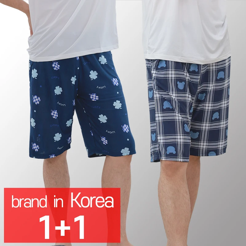 [CALL RA S](1+1 2 pieces) Cool fabric man's cooling pajamas/Square Bear + Lucky Leaf // pajamas/shorts/knee length/night wear/sleepwear/couple pajamas