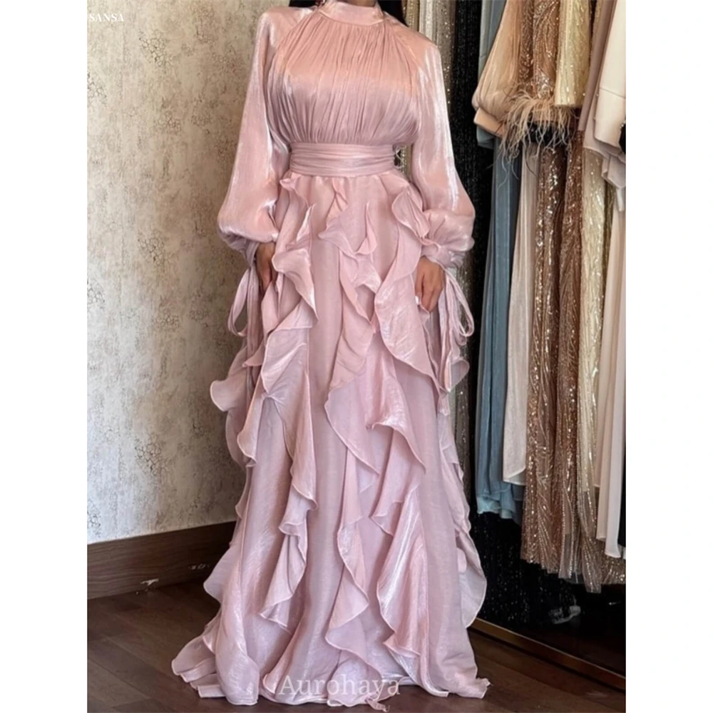 Sansa Personalizzato Collo Alto A-Line Manica Lunga Multistrato Pieghe Abito da ballo Elegante Abiti da Noche Pavimento-Lunghezza Serata Formale