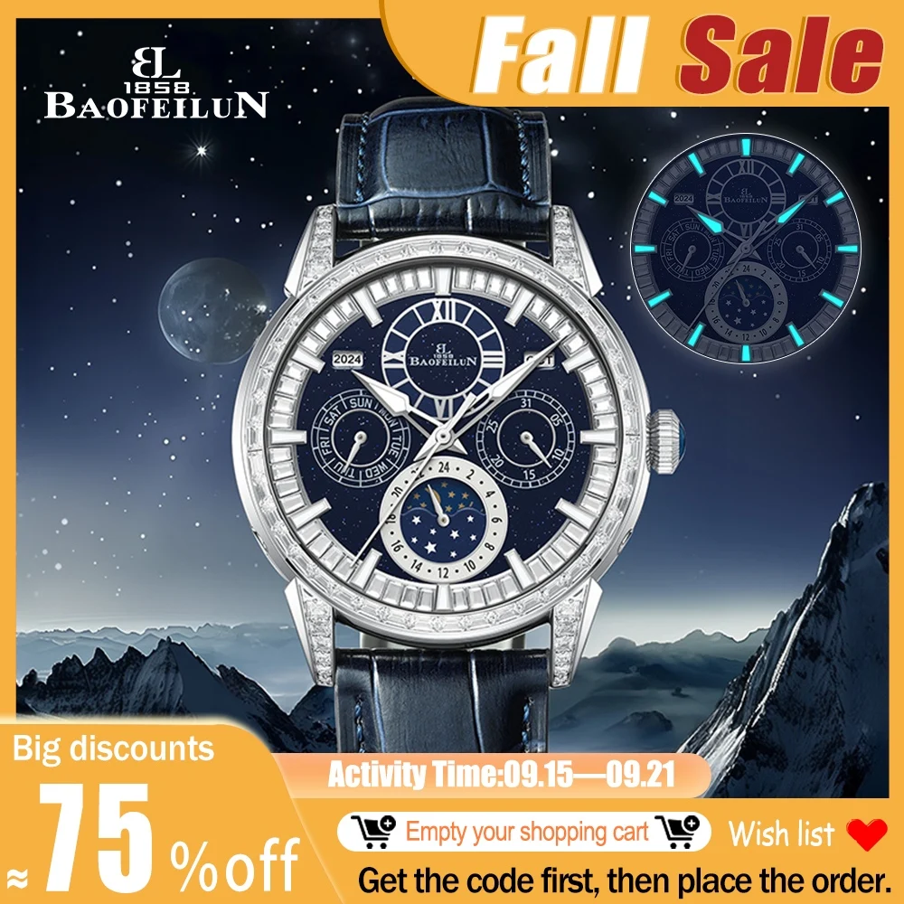 

BAOFEILUN Iced out watch Automatic watch High Complication Diamond watch Italian Calfskin Strap 42mm Sapphire Waterproof reloj