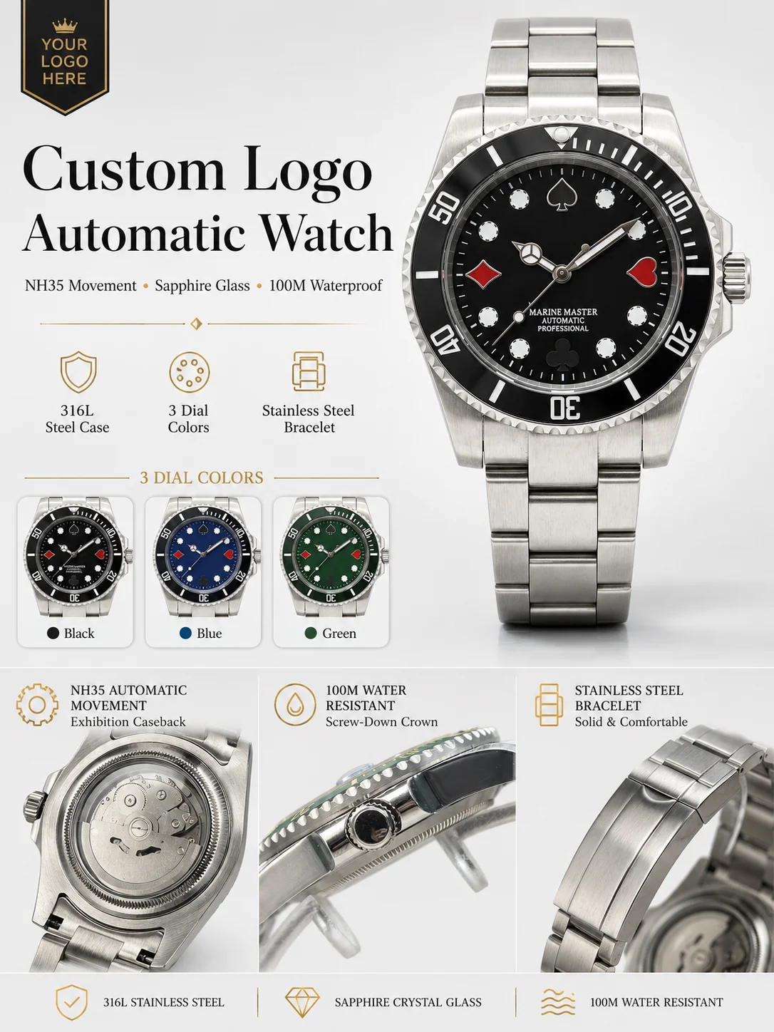 Automatikuhr mit Eigenem Logo NH35 für Herren 40mm Saphirglas 316L Edelstahl Taucherstil Mechanische Armbanduhr 100M Wasserdicht – Detail 1