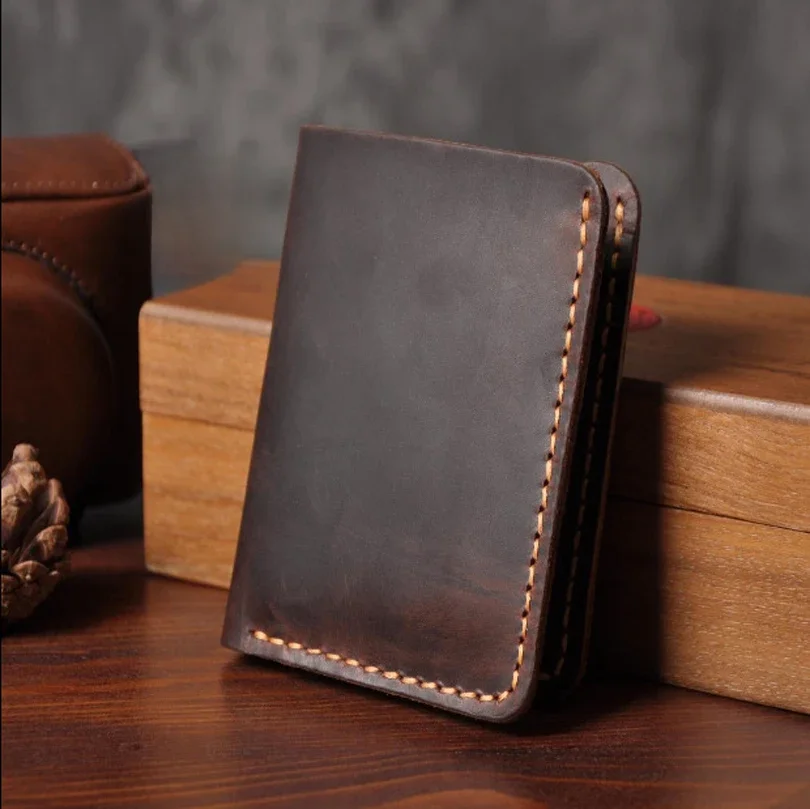 Ręcznie robiony portfel męski Vintage Crazy horse Genuine Leather Men Purse Leather Short Card Wallet for Male Money Clips Money bag — zdjęcie 2