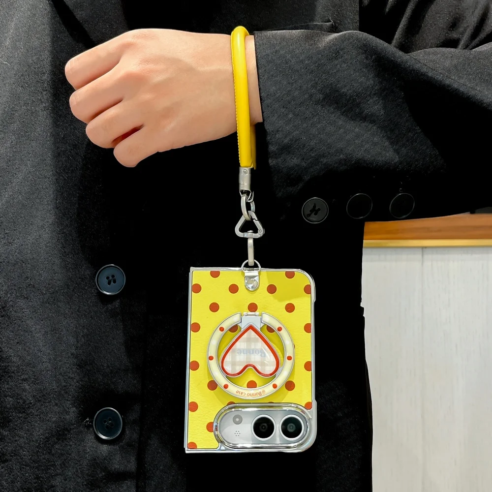 Korean Ins Sweet Yellow Polka Dot New Phone Case For iPhone Duo Cover With Magsafe Heart‑Shaped Holder, Fashion Shockproof Cases
