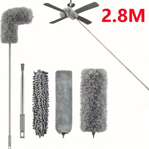 Extendable Microfiber Duster with Bendable Long Handle - Reusable for High Ceiling Fans, Furniture, Blinds & Car Cleaning, Metal